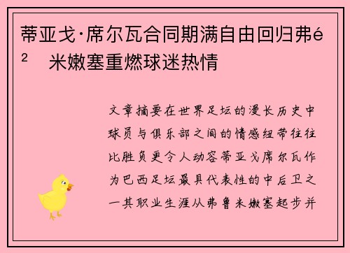 蒂亚戈·席尔瓦合同期满自由回归弗鲁米嫩塞重燃球迷热情