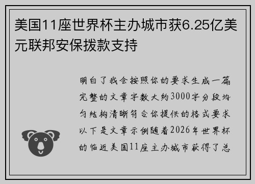 美国11座世界杯主办城市获6.25亿美元联邦安保拨款支持 美国11座世界杯主办城市获6.25亿美元联邦安保拨款支持