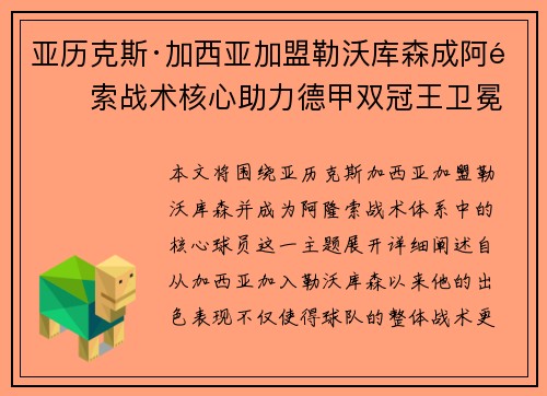 亚历克斯·加西亚加盟勒沃库森成阿隆索战术核心助力德甲双冠王卫冕 亚历克斯·加西亚加盟勒沃库森成阿隆索战术核心助力德甲双冠王卫冕