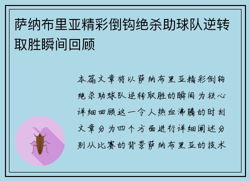 萨纳布里亚精彩倒钩绝杀助球队逆转取胜瞬间回顾 萨纳布里亚精彩倒钩绝杀助球队逆转取胜瞬间回顾